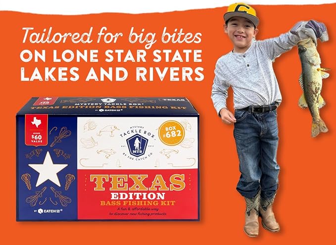 Catch Co Mystery Tackle Box Texas Bass Elite Fishing Kit (7-9 Items) | 7-9 Freshwater Baits for Largemouth, Smallmouth & More – Includes Exclusive Texas Decal, Fishing Gift, Fishing Gifts for Men