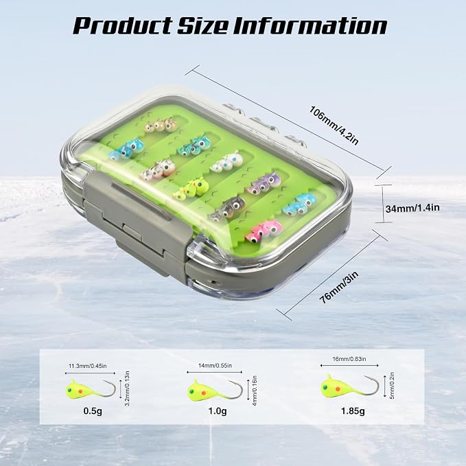 Tungsten Ice Fishing Jigs Kit, 3.2/4/5mm Glow in Dark Tear Drop Ice Fishing Lure Jigs with Waterproof Two-Sided Jig Box Assortment 20/24/30