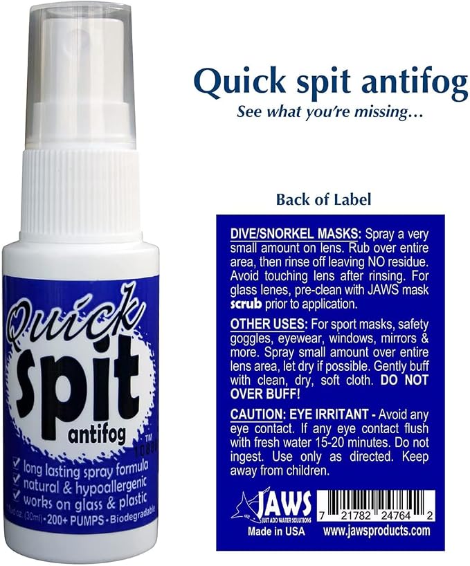 Jaws Quick Spit Anti-Fog Spray for Swim Goggles, Eye Glasses, Snorkel Mask, Scuba Divers, and Safety Eyewear, Made in the USA