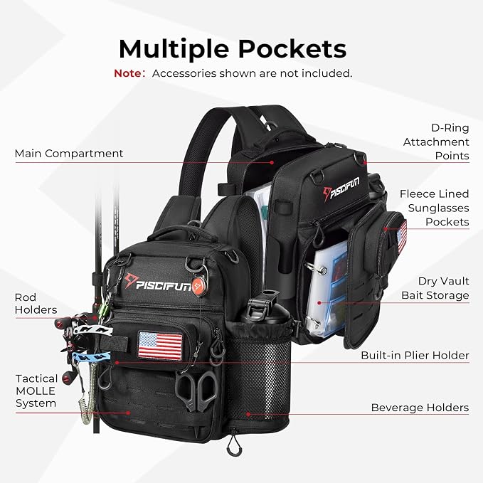 Piscifun Fishing Tackle Backpack, Convertible Sling or Waist Pack, 16-Pocket Storage Gear Bag with 2 Rod Holders & Rain Cover