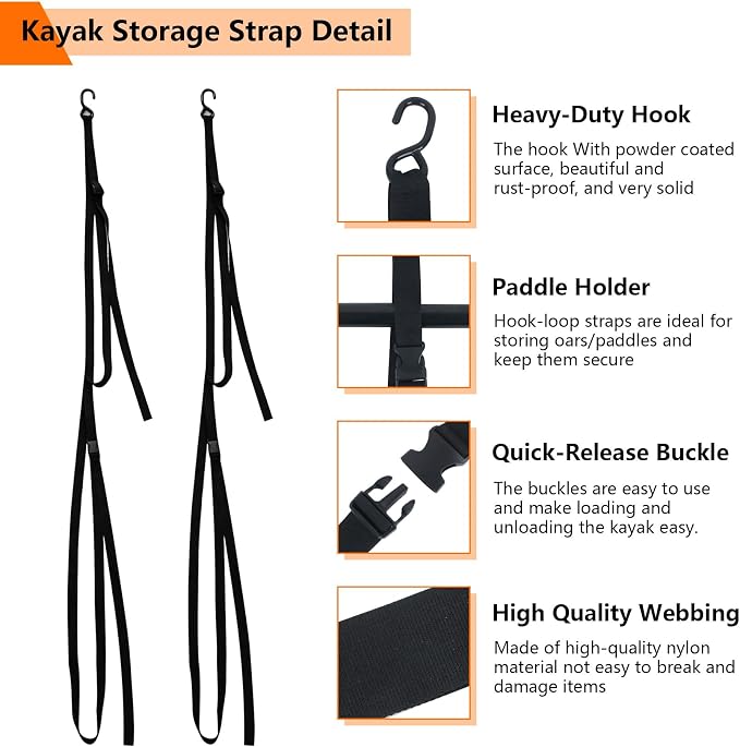 Kayak Storage Strap,Kayak Hanging Straps 1in/1.5in Wide,Adjustable Kayak Wall Mount Straps,Kayak Storage Strap System With Paddle Loops for Hanging 1or 2 Kayak,Paddle Board,Surfboard,Canoe(2/4 Pack)