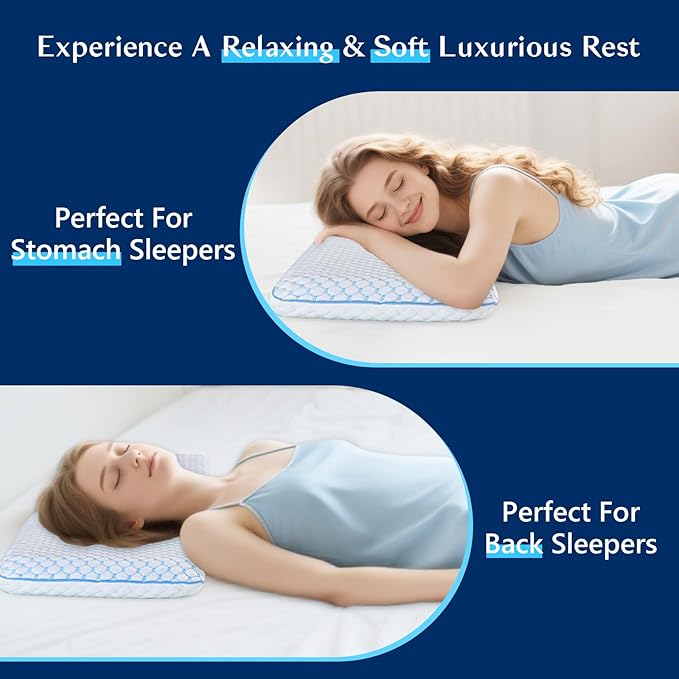 Stomach Sleeping Pillow for Shoulder and Neck Pain Relief, Thin Memory Foam Pillows - Cooling Slim Gel Memory Foam Pillow for Stomach and Back Sleepers ,Low Profile pillows 2.75-inches -King size