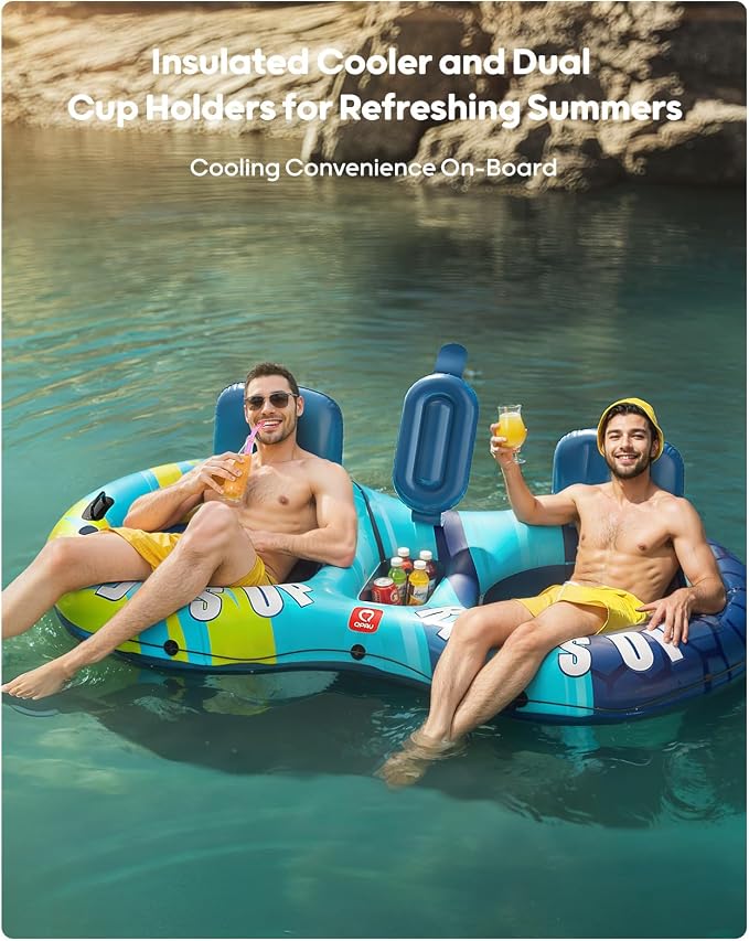 QPAU Inflatable Double River Tube, 2 Person 660lb Capacity, Puncture-Resistant 93" Sturdy Heavy Duty River Float, River Raft with Ergonomic Backrest, Cooler & Cup Holders for Family