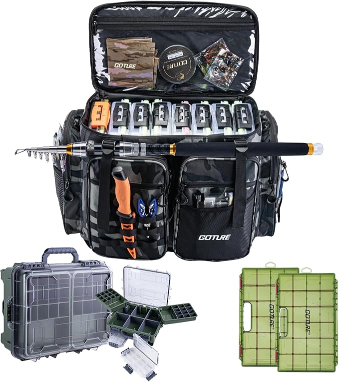 Goture Large Tackle Bag, Included 1 Utility Tackle Box and 2 3700-Size Trays, 600D Water Resistant Saltwater Gear Storage Big Fishing Bag with EVA Bottom, Removable Dividers, Fishing Gifts for Men