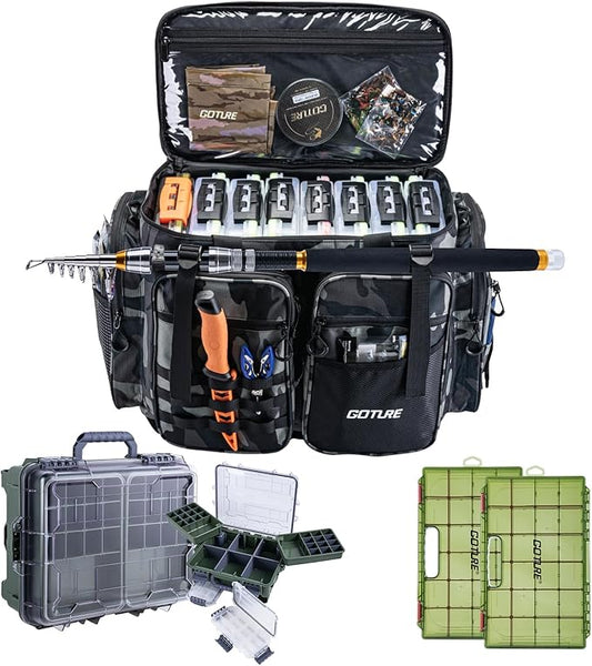 Goture Large Tackle Bag, Included 1 Utility Tackle Box and 2 3700-Size Trays, 600D Water Resistant Saltwater Gear Storage Big Fishing Bag with EVA Bottom, Removable Dividers, Fishing Gifts for Men
