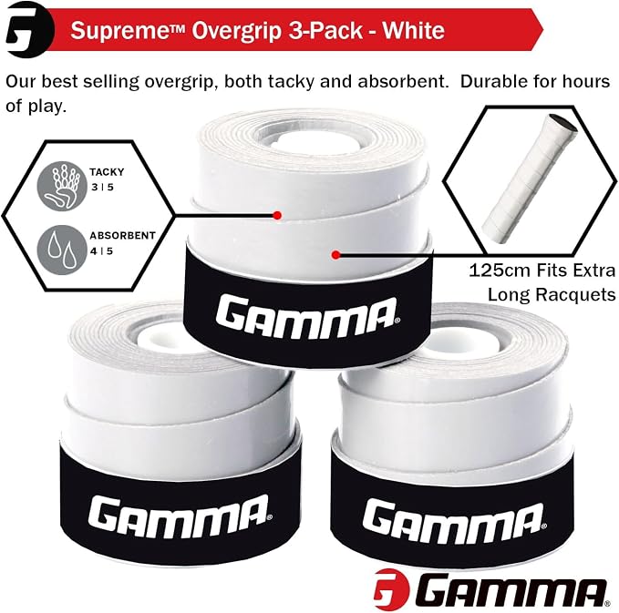 Gamma Sports Supreme Overgrip for Tennis, Pickleball, Squash, Badminton, and Racquetball Racquets, Multiple Pack Sizes and Colors