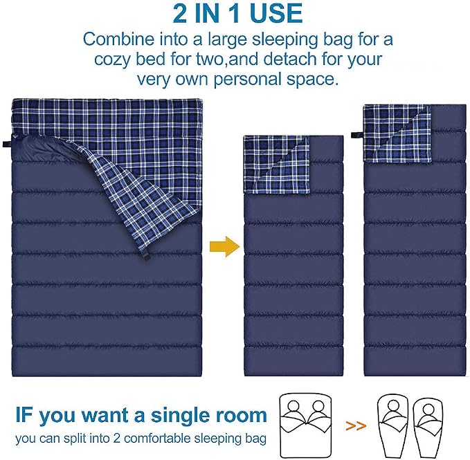 Cotton Flannel Double Sleeping Bag for Camping, Backpacking Or Hiking. Queen Size 2 Person Waterproof Sleeping Bag for Adults Or Teens. Lightweight with Compression Sack