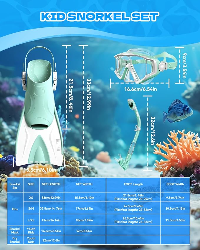 Aegend Snorkeling Gear for Kids Youth – 4-in-1 Snorkel Set with Anti-Fog Mask, Dry Snorkel & Adjustable Fins for Swimming, Diving, Snorkeling, Beach Vacation – Includes Travel Mesh Bag