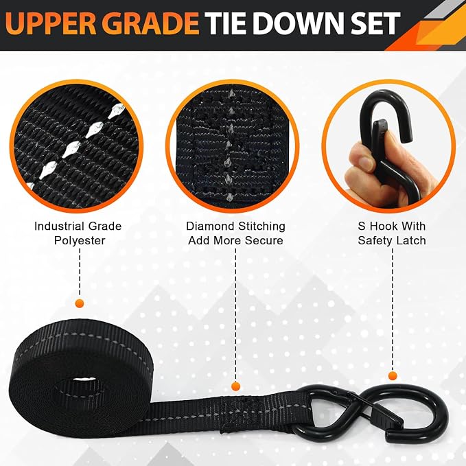 Ratchet Tie Down Straps Set, 2100 LBS Breaking Strength, 4 Pack 1" x 15' Heavy Duty Ratchet Straps, Cargo Strap, Motorcycle Straps for Trucks, Bicycle, Kayak, Moving, Tie Downs with S Hooks, Black