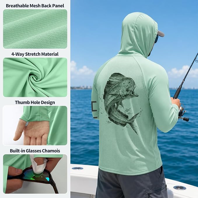 Palmyth Men's Fishing Hoodie Shirt UPF 50+ Quick-Dry Breathable Long Sleeve | Long Sleeve Fishing Shirt, UPF 50+ Sun Protection, Quick-Dry Fabric, Breathable Mesh Back, Built-in Face Mask, 4-way Stretch