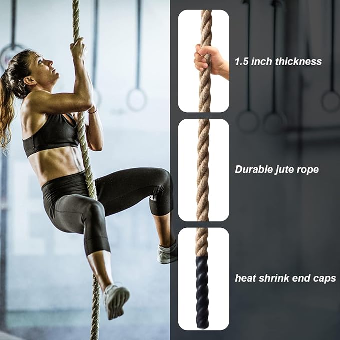 Climbing Rope Gym Exercise Ropes - 1.5 Inch Diameter 10FT 15FT 20FT 25FT 30FT 35FT 40FT 50FT Climb Rope for Fitness & Strength Training, Workout Climbing Rope for Adults Kids Home Indoor or Outdoor