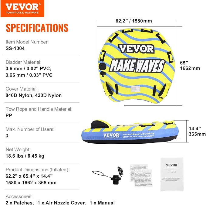 VEVOR Towable Tubes for Boating, 1-4 Riders Inflatable Boat Tubes & Towables, 340-680 lbs Capacity, Multiple Sizes with Full Nylon Cover, Padded/EVA Handles, Fins & Safety Valve (Multi-Option)
