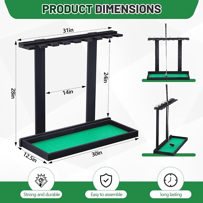Blosssound Golf Putter Stand for 8 Clubs & 12 Balls Wooden Golf Club Holder Golfs Rack Display Organizer Storage with Artificial Grass Mat for Sports Indoor Home Garage Accessories