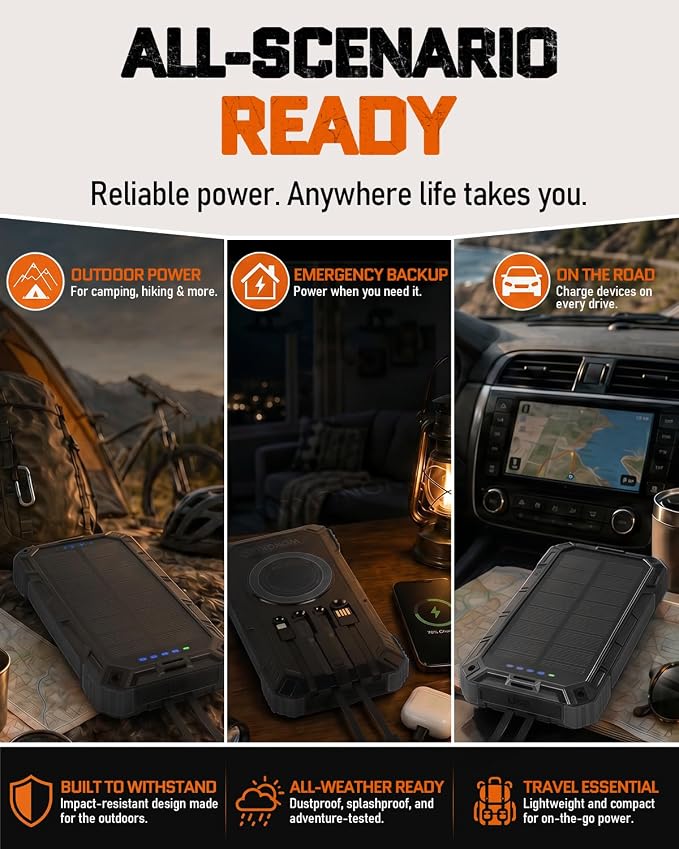 49800mAh Solar Charger Power Bank -Wireless, 4 Cables (Black) | IP65, Dual LED Flashlight, QC3.0, USB-C In/Out for Camping & Emergencies