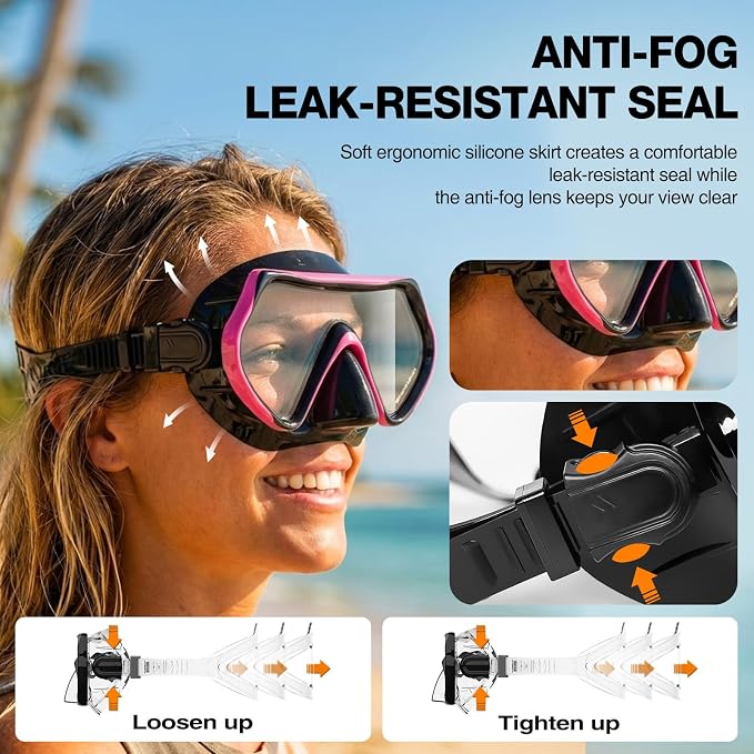 DRMAWIN Snorkeling Gear for Adults & Kids, Dry-Top Snorkel Set with 180° Tempered Glass Mask, Anti-Fog Anti-Leak, Travel Mesh Gear Bag