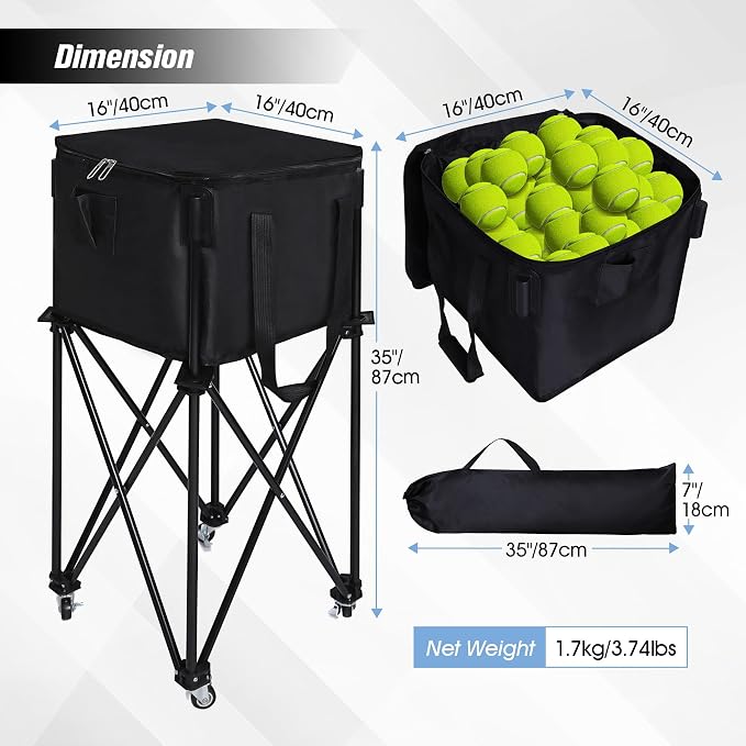 Portable Tennis Ball Hopper Holds 180 Balls, Tennis Ball Basket Cart with 4 Wheels & Brakes, Detachable Oxford Fabric Bag for Tennis and Pickleball Training, Black