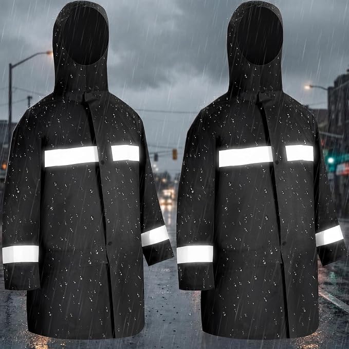 Halfchet 2 Pcs Reflective Rain Jacket for Men Waterproof High Visibility Rain Coat Black Safety Jacket with Reflective Strip