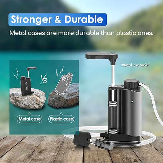 Purewell Stainless Steel Water Filter Pump with Replaceable Carbon 0.01 Micron Water Filter, 3 Filter Stages, Portable Outdoor Emergency and Survival Gear - Camping, Hiking, Backpacking(Black)