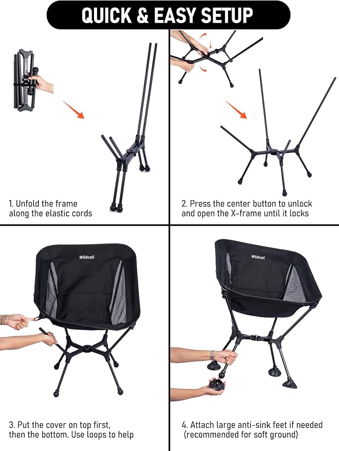 WildCall Lightweight Folding Camping Chair Quick Setup Frame Beach Chair Compact Backpacking Chair with Anti-Sink Feet