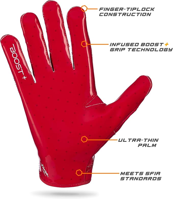 Grip Boost Football Gloves - Solid Stealth 6.0 Boost Plus Sticky Technology - Adult and Youth Football Gloves for Wide Receiver - Men's and Boys Sizes
