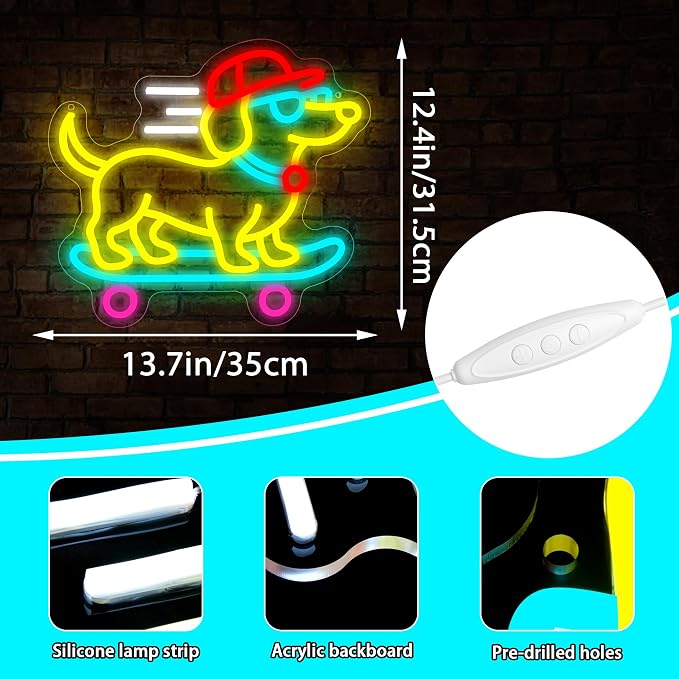 Dachshund Skateboarding Neon Sign for Wall Decor Dog Neon Light Man Cave | Dimmable Neon,Birthday Cartoon Gifts,5V USB Powered,Skateboard Club,Bar,Shop Decor, Teen Boys Bedroom Wall Art,13.7*12.4in