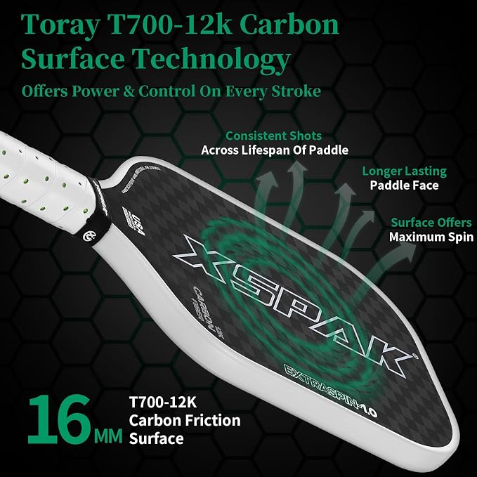 12K Carbon Fiber Pickleball Paddles, USAPA Polypropylene Honeycomb Paddle with Cushion Comfort Grip, SPIN2.0 World Champion Surface Technology Options Pickleball Racket