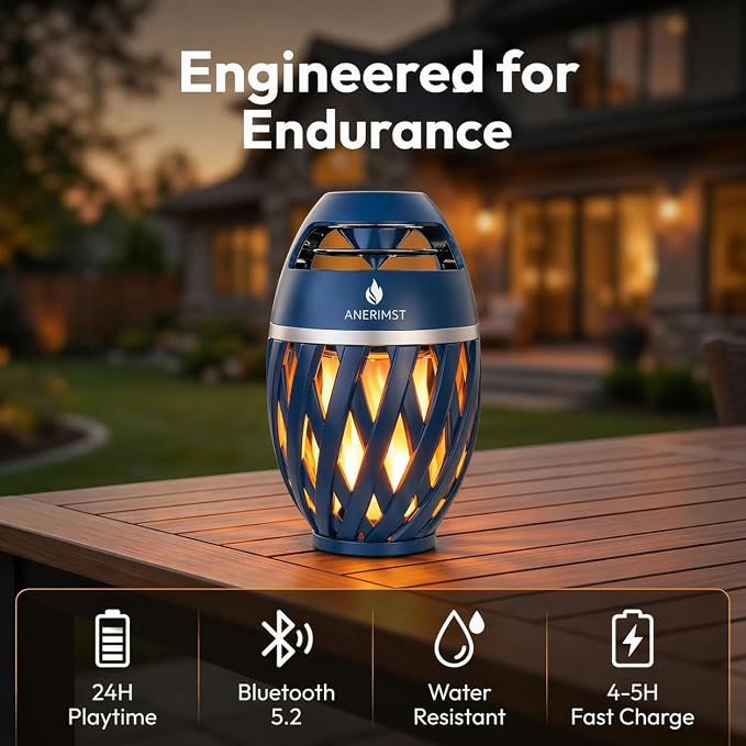 ANERIMST Outdoor Bluetooth Speakers with LED Torch Light, for Dad– Wireless & Waterproof Speaker for Garden, Patio, 360° Sound, 24-Hour Playtime - Ideal Present for Men (Blue)