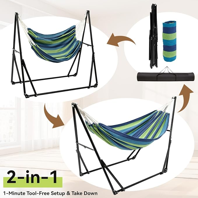 Multifunctional Hammock Chair with Stand for Outside | Portable Hammock for Indoor Outdoor | Frabic Tension Adjustable, Carry Bag Included, 616 lbs Weight Capacity Cyan