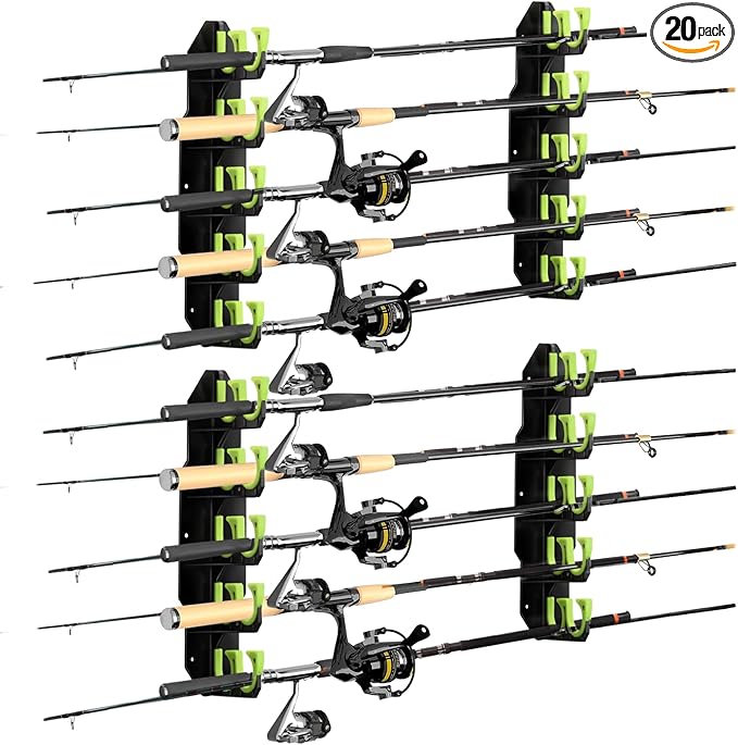 Hikeen Fishing Rod Holders, Fishing Pole Holders for Garage, Wall or Ceiling Mounted Fishing Rod Rack Holds Up to 10 Rods(2 Pack)
