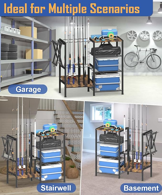 Fishing Rod Holders for Garage, Fishing Pole Holder Stand with Multifunctional Hook, 4 Tier Fishing Gear Equipment Organizers Rack, Fits Most Rods of 1.58" for Home Entryway Corner
