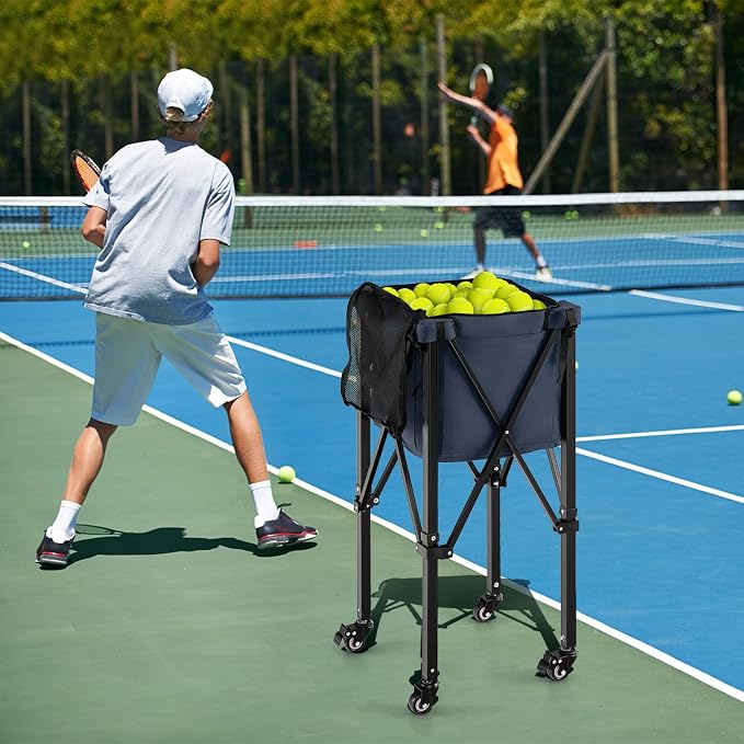 Tennis Ball Hopper Cart with Wheels, Portable Tennis Ball Basket Holds 150 Balls, Collapsible Aluminum Tennis Basket for Balls Pickup, Pro Sports Teaching Cart for Tennis Pickleball Baseball