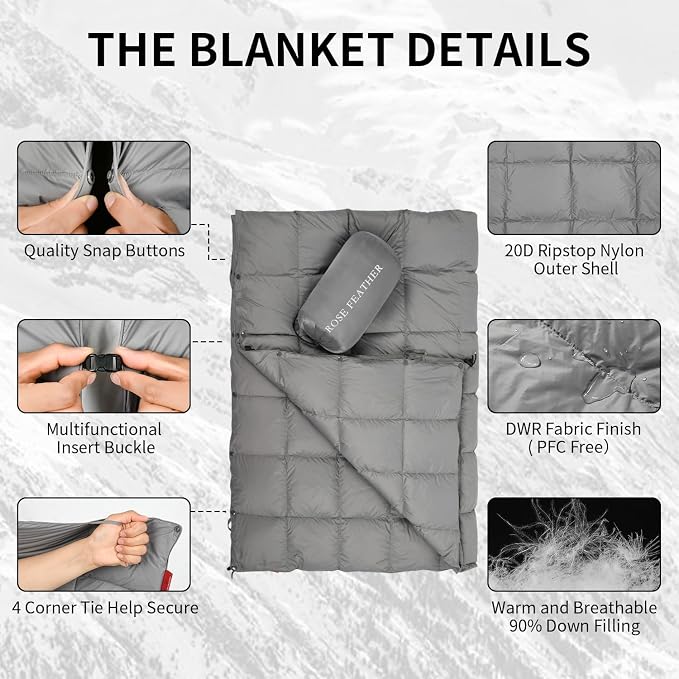 Down Camping Blanket - Lightweight, Packable, Warm & Puffy Outdoor Travel Quilt for Sleep, Hiking, Backpacking, Stadium, Festivals, Water-Resistant Sleeping Bag 55"x79"