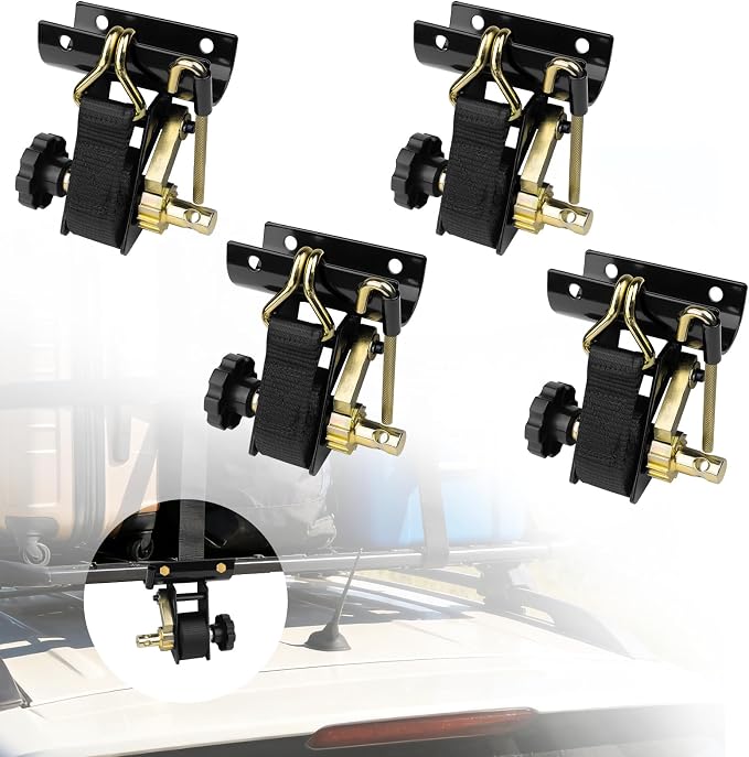 4 Pack Retractable Ladder Rack Ratchet Straps, 2" Round Tube Mount Tie Downs, 1.5" x 7.5' Heavy Duty 500 lbs Load Capacity with Double J-Hooks, Bolt-On Cargo Buckle for Truck & Van Roof Racks