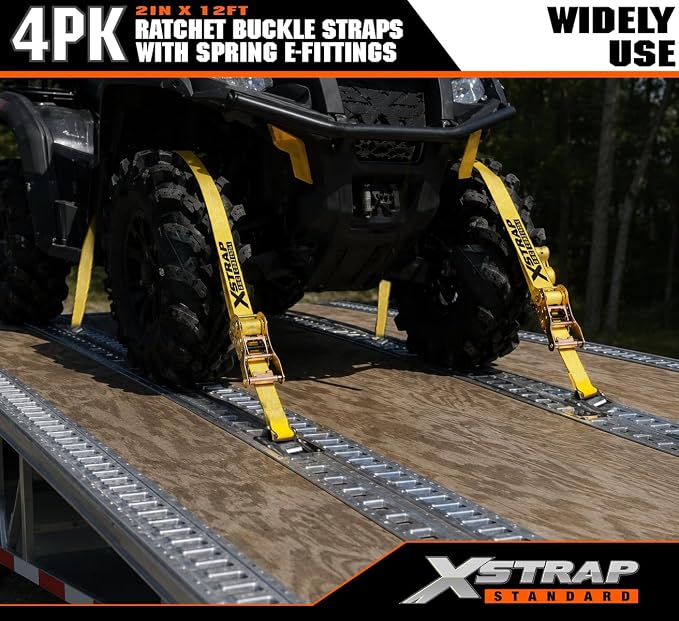 XSTRAP STANDARD 4-Pack E-Track Ratchet Straps 2" x 12' - 4,400 lbs Heavy Duty Cargo Tie Downs for Trailers, Trucks, Vans & Motorcycle Securing with Spring Fittings (Yellow)