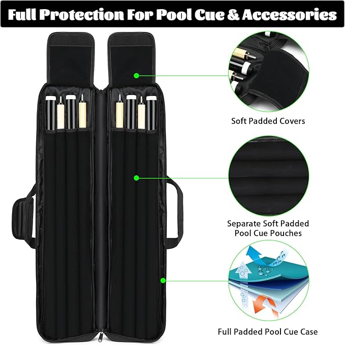 Pool Cue Case - 4x4 Padded Pool Cue Bag - Holds 4 Butts and 4 Shafts, Multiple Accessory Pockets