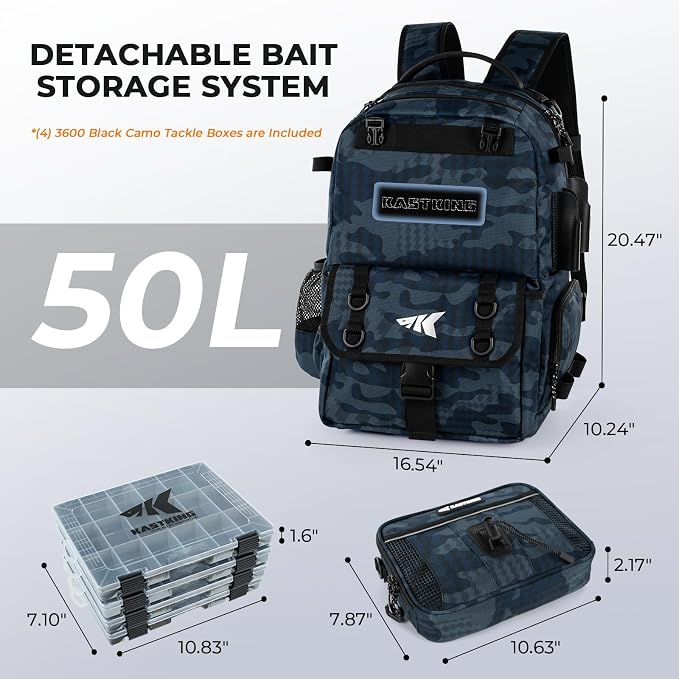 KastKing BaitSpace Fishing Tackle Backpack with Removable Bait Binder,2 Rod Holders Storage Fishing Gear and Equipment