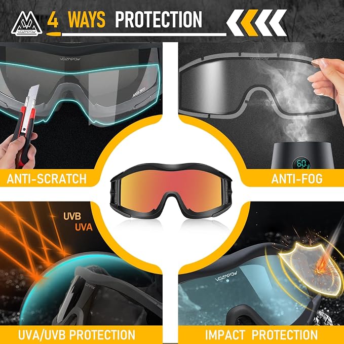 Airsoft Goggles Anti Fog with ANSI Z87.1 Certified, Safety Goggles Impact Resistant, Tactical Shooting Glasses