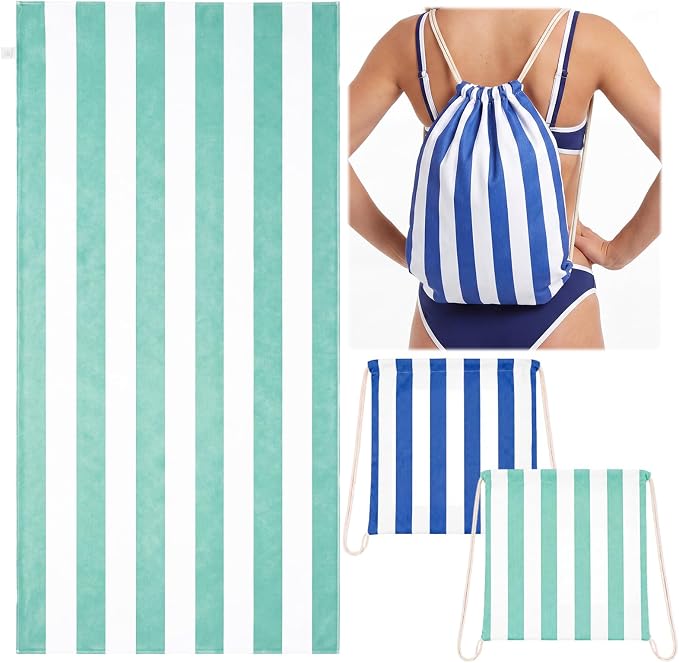 2 Pcs 2-in-1 Stripe Beach Towel Backpack, 31.5 x 63 Foldable Lightweight Microfiber Towel Bag Quick Dry Sand-Resistant Towels for Pool Camping Yoga Travel (Dark Blue,Green)