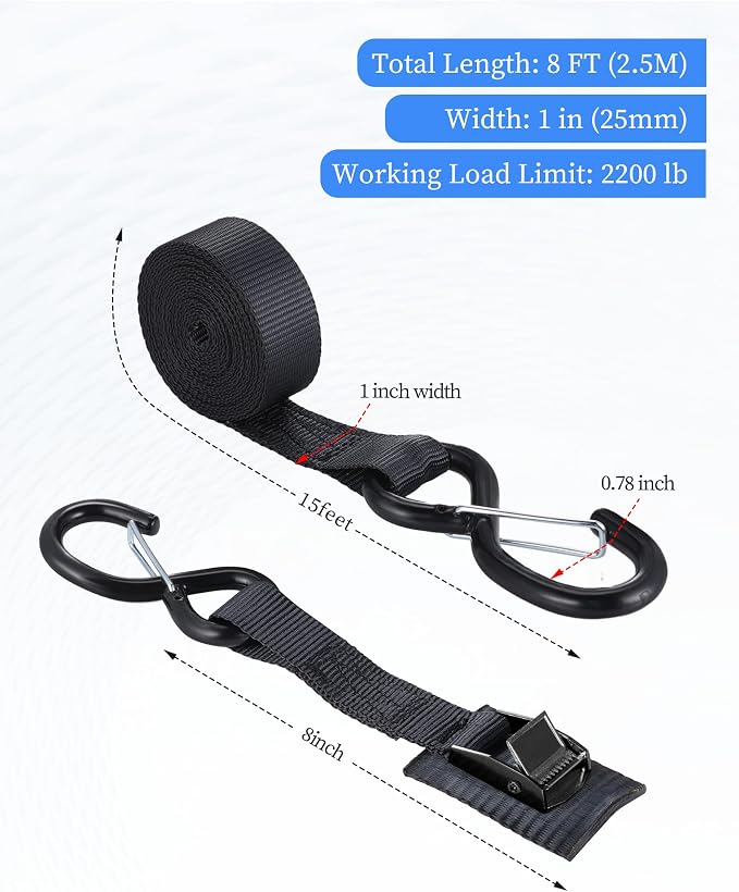 Upgraded 1'' x 8' Tie Down Straps, Cargo Roof Rack Strap Cam Buckle with Hooks, Heavy Duty Secure Strap, Black - Pack of 4