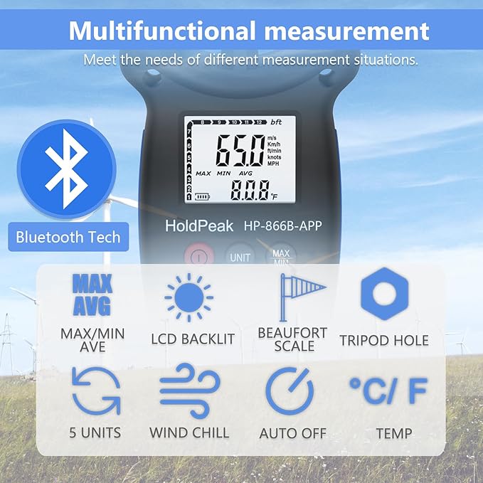 HoldPeak Handheld Anemometer Bluetooth, Digital Wind Speed Gauge Meter, Air Flow Velocity Temperature CFM Measuring Device for HVAC Outdoor Sailing Shooting Golf, 866B-APP