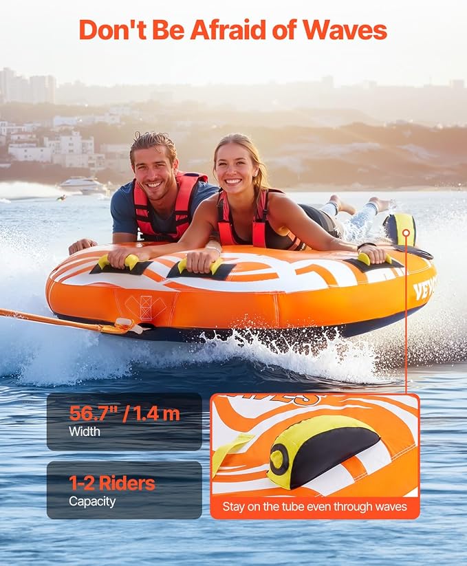 VEVOR Towable Tubes for Boating, 1-4 Riders Inflatable Boat Tubes & Towables, 340-680 lbs Capacity, Multiple Sizes with Full Nylon Cover, Padded/EVA Handles, Fins & Safety Valve (Multi-Option)