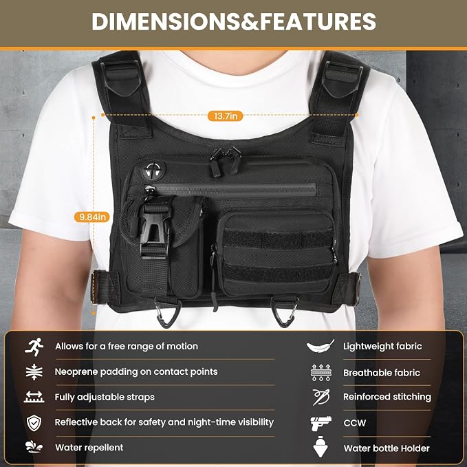 DegeTMVe Tactical Running Chest Bag with Anti-Bounce Design, Water-Repellent & Concealed Pistol Holster – Adjustable 4-Strap, Water Bottle Holder, Reflective Safety for Hiking, Cycling, Workouts