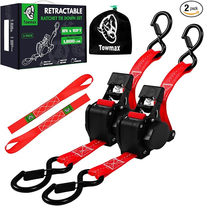 Retractable Ratchet Straps (Patented-2pack) - 1 inch x 10Feet (1,800lb Break Strength) Auto Self Retracting Tie Down Straps - Self Retractable Straps with Refletcive for Motorcyle, Truck or Cargo