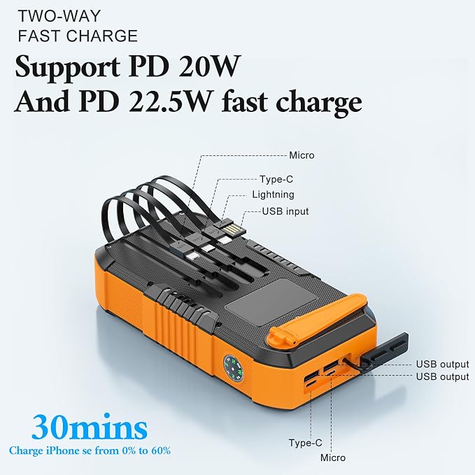 Hand CrankPower Bank 66800mAh and 4 Cables 22.5W Fast Charge Power Bank 5 Outputs & 3 Inputs Solar Portable Charger (Orange)