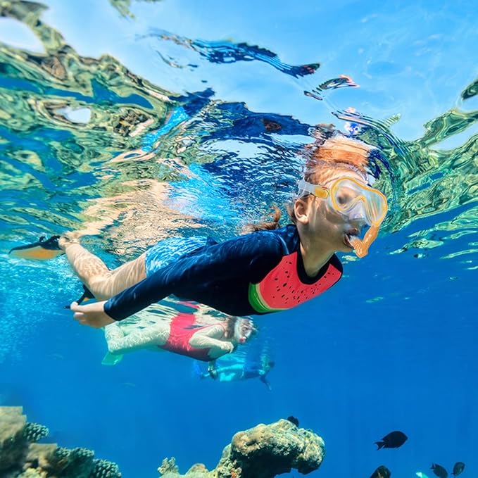 Kids Snorkeling Set - Adjustable Flippers + Panoramic Snorkel Mask + Dry Snorkel Tube + Travel Bags - Suitable for Kids & Juniors, Age 5-14