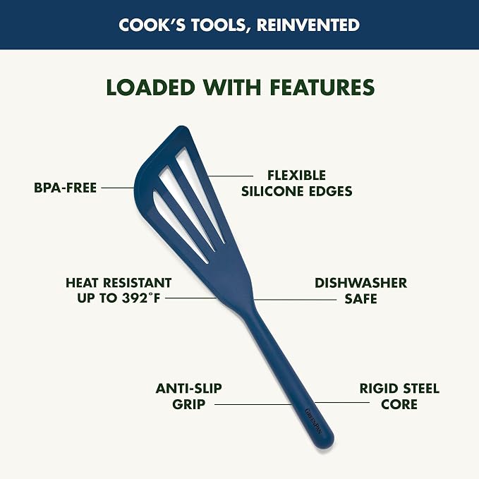 GreenPan Silicone Fish Turner Spatula, Slotted Cooking Kitchen Utensil, Flexible Rubber Nonstick Cookware, Rigid Steel Core, Heat-Resistant, Anti-Slip Handle, BPA-Free, Dishwasher Safe, Blue
