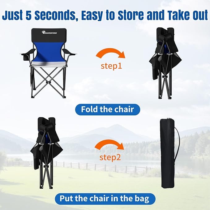 Oversized Camping Chair, 500 LBS High Back Lawn Chairs Folding (Black Blue) | Portable Outdoor Heavy Duty Folding Camping Chairs for Adults, with Cup Holder for Picnic, Lawn, Beach, Fishing and Sports