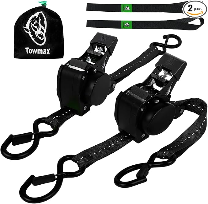 Retractable Ratchet Straps (Patented-2pack) - 1 inch x 10Feet (1,800lb Break Strength) Auto Self Retracting Tie Down Straps - Self Retractable Straps with Refletcive for Motorcyle, Truck or Cargo