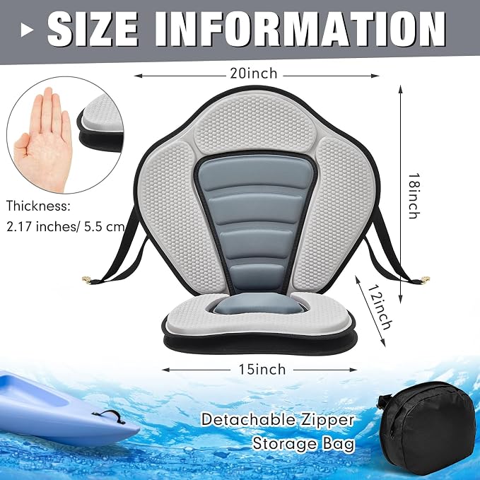 Lewtemi Thicken Kayak Seat with Back Support Canoe Paddle Board Seat with Detachable Storage Bag Adjustable Sit on Top Paddleboard Cushion for Kayaking Canoeing Rafting