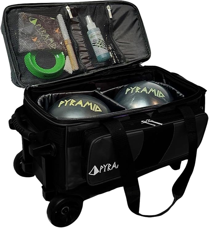 Pyramid Deluxe Double Roller 2 Ball Bowling Bag with Large Separate Shoe Compartment (Up To 2 Pairs Of Shoes) and Accessory Pockets, Sturdy Square Handle - Extends to 40" - Pro Options Available